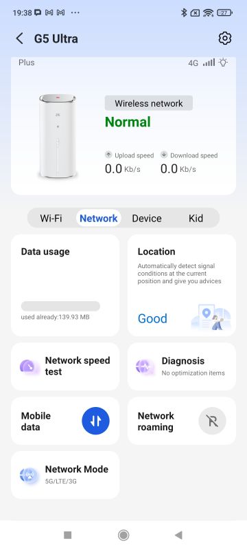 Ekran aplikacji Smart Life ZTE z ustawieniami sieci routera G5 Ultra