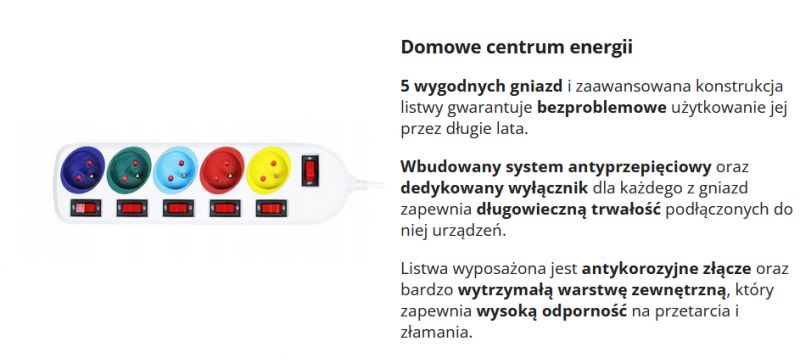 Power Strip with Colorful Sockets and Protective Systems Power strip with five colorful sockets and switches.