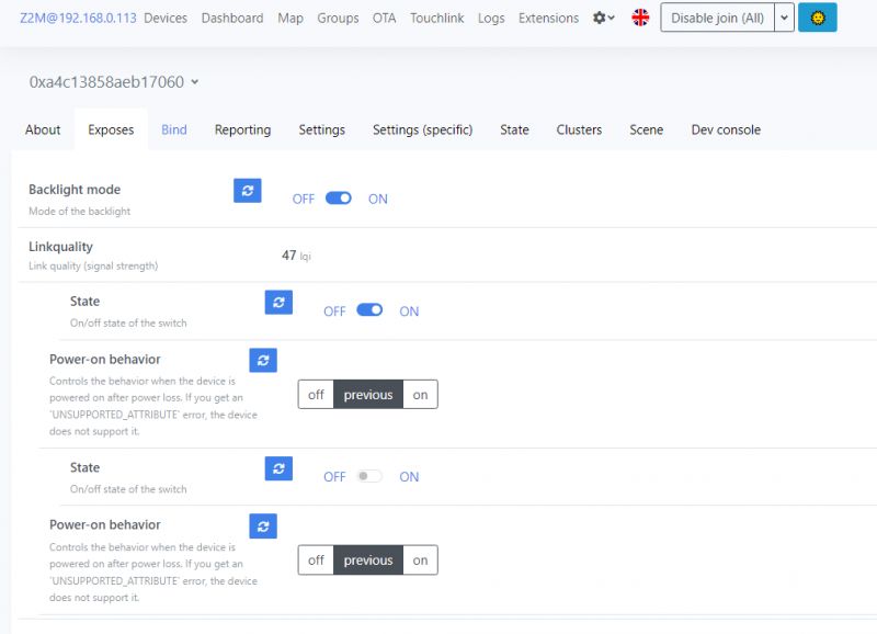 Zigbee Switch Configuration in Home Assistant Screenshot of Zigbee switch configuration interface in Home Assistant.
