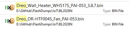 File Explorer screenshot with two highlighted BIN files named with “Dreo” and an HxD icon.