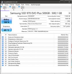 Zrzut ekranu z programu CrystalDiskInfo pokazujący dane dysku Samsung SSD 970 EVO Plus 500GB.