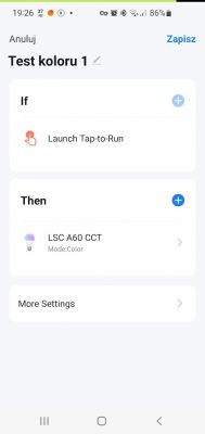 Screenshot of an app configuring an LSC A60 CCT bulb showing the Test koloru 1 scene settings.