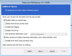 Okno programu Macrium ReDeploy v5.1.5498 z opcjami dotyczącymi warstwy abstrakcji sprzętu HAL i konfiguracją uruchamiania systemu.