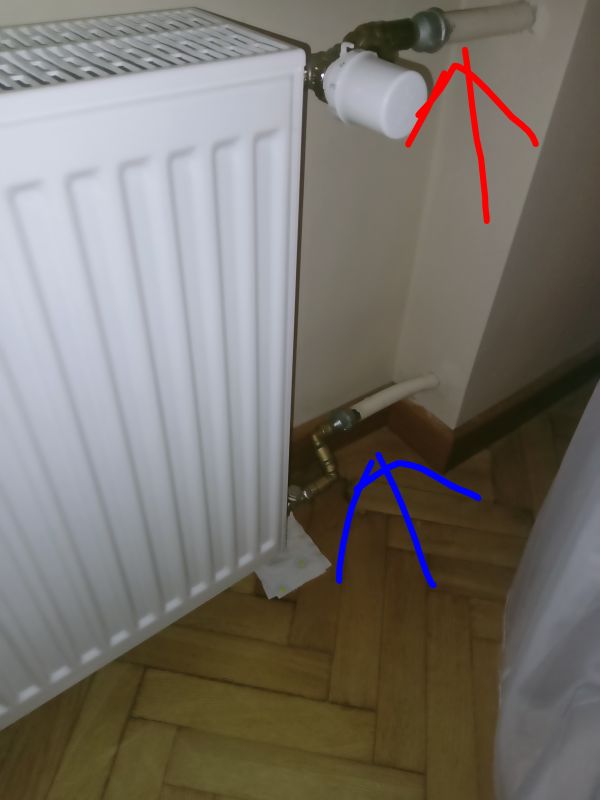 Grzejnik ścienny z podłączeniem; czerwona strzałka na rurze zasilającej, niebieska na powrotnej