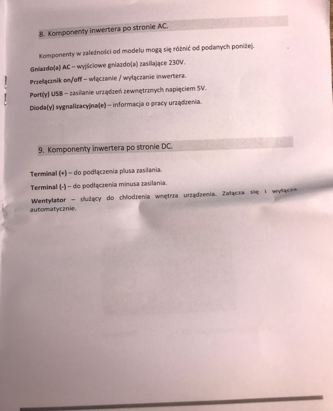 Karta instrukcji przetwornicy samochodowej pokazująca komponenty po stronie AC i DC.