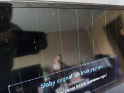 Ekran telewizora Samsung z pionowymi zielonymi pasami i artefaktami, komunikat o braku sygnału.