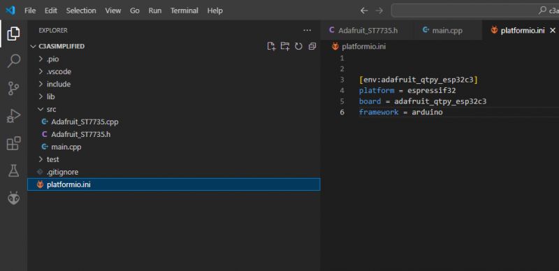 Visual Studio Code Editor with ESP32 C3 Project View of Visual Studio Code editor with an open platformio.ini file for the ESP32 C3 project.