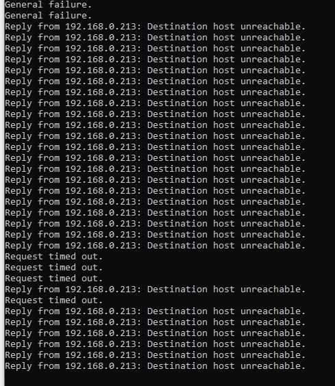 Screen showing network error messages like General failure and Destination host unreachable.