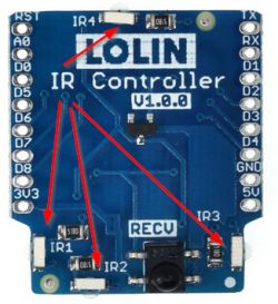 IR module for Wemos D1 Mini with labels IR1, IR2, IR3, and IR4.