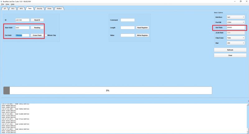 Screenshot of Bouffalo Lab Dev Cube 1.9.0 interface with flash memory settings.