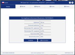 Zrzut ekranu wyników testu prędkości internetu z detalami technicznymi.