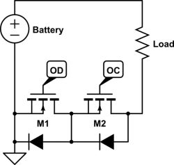 Schemat obwodu zabezpieczającego akumulator z dwoma tranzystorami MOSFET 8205A.