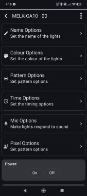 App screen for light control showing name, colour, pattern, time, mic, and pixel options plus a power on/off toggle.