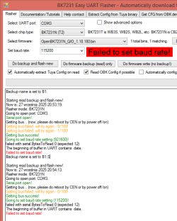 Screenshot of BK7231 Easy UART Flasher showing “Failed to set baud rate” error