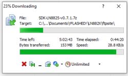 Screenshot of a download progress window for a file named SDK-LN8825-v0.7.1.7z, downloaded to a location on a computer. The download is at 23% with a speed of 28.8 KB/s.
