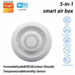 5-in-1 Smart Air Sensor White WiFi-enabled air sensor displaying its functions.