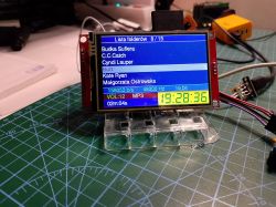 LCD module on a desk shows an MP3 folder list, volume 12, and time 19:28:36