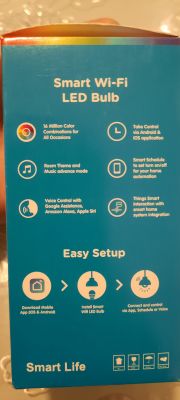 Packaging of Smart Wi-Fi LED bulb with features and instructions.