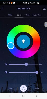 Screen of the LSC A60 CCT app with a color wheel for bulb settings.
