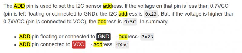 Fragment of the instruction for configuring ADD pins for the BH1750 sensor.