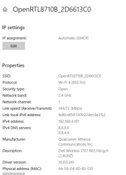 Screenshot of Wi-Fi settings for OpenRTL8710B_2D6613C0 connection in Windows