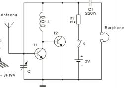Schemat elektroniczny wzmacniacza z tranzystorami i wyjściem na słuchawki.
