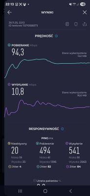 Wynik testu prędkości Orange: pobieranie 94,3 Mbps, wysyłanie 10,8 Mbps, ping 494 ms