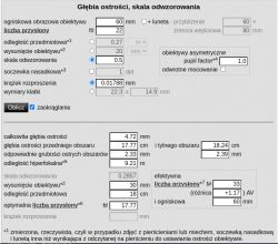 Kalkulator głębi ostrości z parametrami optycznymi.