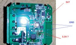 Circuit board with voltage and ground markings.