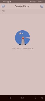 Ekran aplikacji z grafiką latarni morskiej i komunikatem Sorry, no photo or videos.
