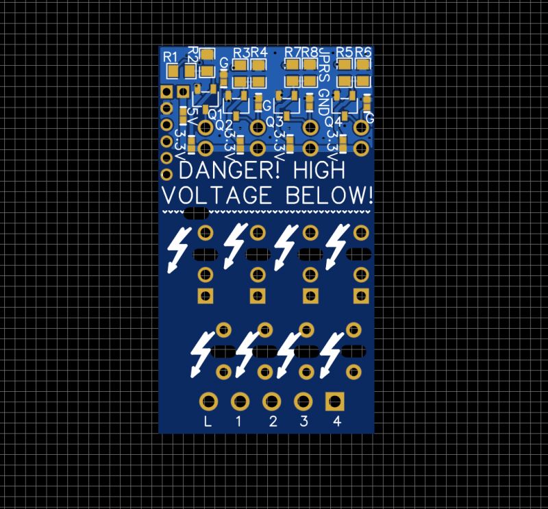 Printed circuit board with high voltage warning signs and lightning symbols.
