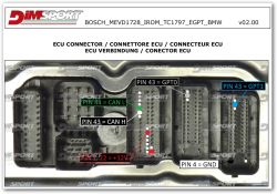 Close-up of Bosch MEVD1728 ECU connector with labeled pins for CAN, power, ground, and GPT.