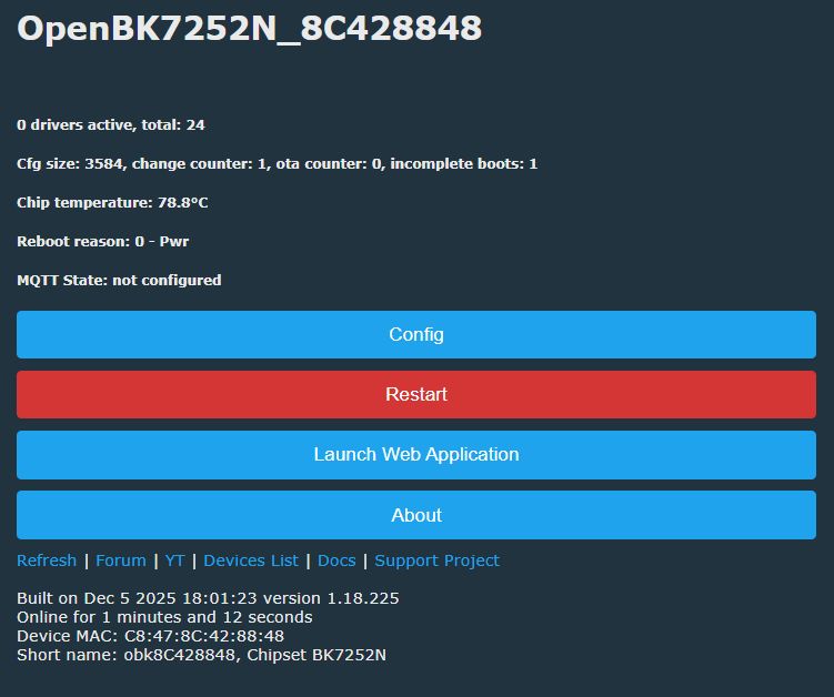 OpenBK7252N interface with chip data and configuration options displayed