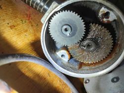 Gearbox of Celma PRCb Drill Open gearbox housing of a Celma PRCb drill showing the gear mechanism.
