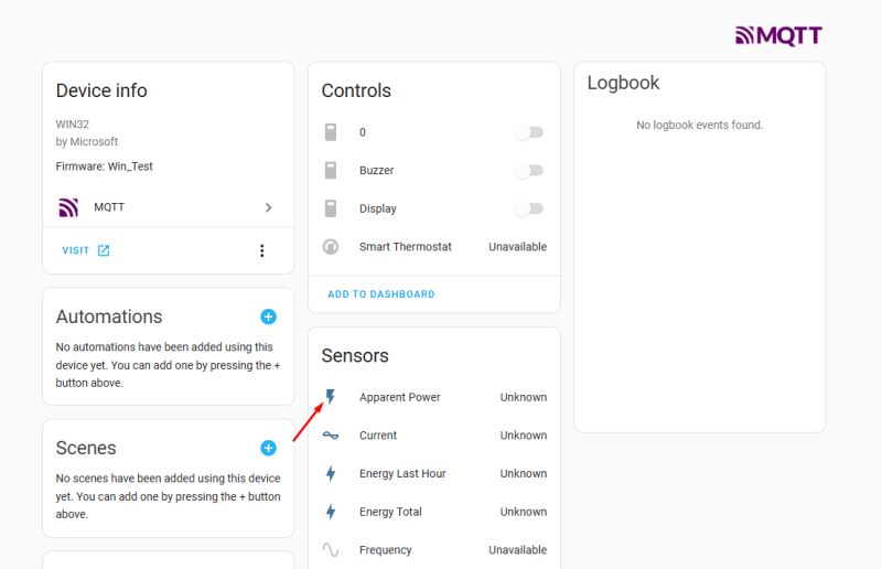 Home Assistant Panel – Selecting a Sensor Entity Icon Screenshot of the Home Assistant panel showing the Sensors section, with a red arrow pointing to the icon next to Apparent Power.