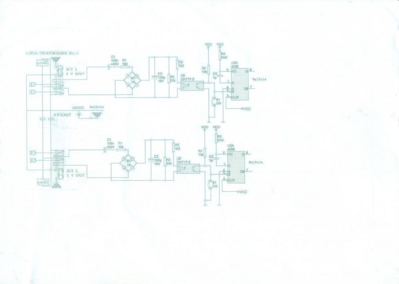 Niedokończony schemat elektroniczny z elementami rezystorów, kondensatorów i przekaźników.