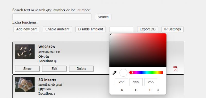 Parts Database Management Interface User interface with a parts list and a color selection tool.