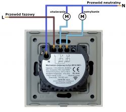 Schemat podłączenia elektrycznego modułu Wi-Fi do rolet z przewodami fazowym, otwierania, zamykania i neutralnym.