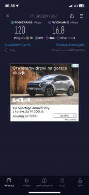 Zrzut ekranu z wyniku testu prędkości internetu w sieci Play, pokazujący pobieranie 120 Mbps i wysyłanie 16,8 Mbps.