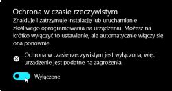 Okno ustawień z wyłączoną ochroną w czasie rzeczywistym