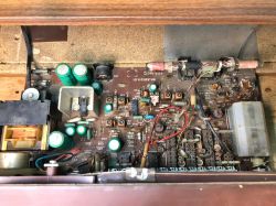 Interior of the Unitra Sudety R-208 Radio Receiver View of the interior of the Unitra Sudety R-208 radio receiver with electronic components.