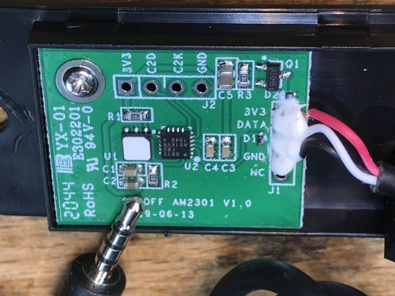 AM2301 Sensor PCB with Jack Socket Close-up of the AM2301 temperature and humidity sensor PCB with a jack socket.