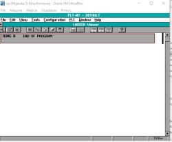 Zrzut ekranu z VirtualBox: okno „LADDER Viewer” z projektem „PL7-07 - DEFAULT” i pustą drabinką.