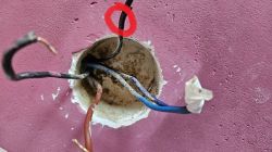 Kilka przewodów elektrycznych wychodzi z okrągłej puszki w ścianie, jeden z czarnych przewodów jest zaznaczony czerwonym okręgiem.