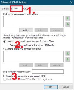 Okno zaawansowanych ustawień TCP/IP z sekcją DNS