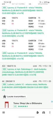 Zdjęcie ekranu pokazujące szczegóły sygnałów sieci komórkowej z różnych lokalizacji BTS.