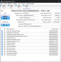 Zrzut ekranu programu CrystalDiskInfo pokazujący stan dysku SSD Kingston KC2500 500 GB, temperatura 37°C, stan dobry 96%.