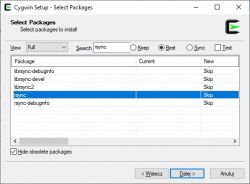 Cygwin Setup window displaying a package selection list, rsync searched.