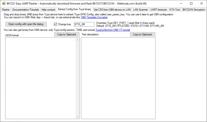BK7231 Easy UART Flasher window with “Change key” checked and key 8710_2M entered.