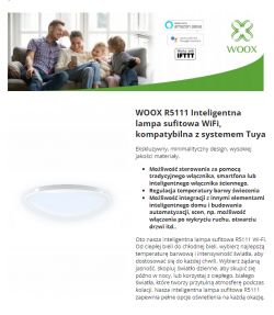 Family sitting on a couch watching a phone, advertisement for Woox R5111 ceiling lamp.